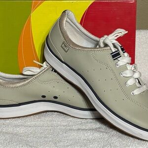 Keds Cream Leather Lace-Up Sneakers with Navy Trim